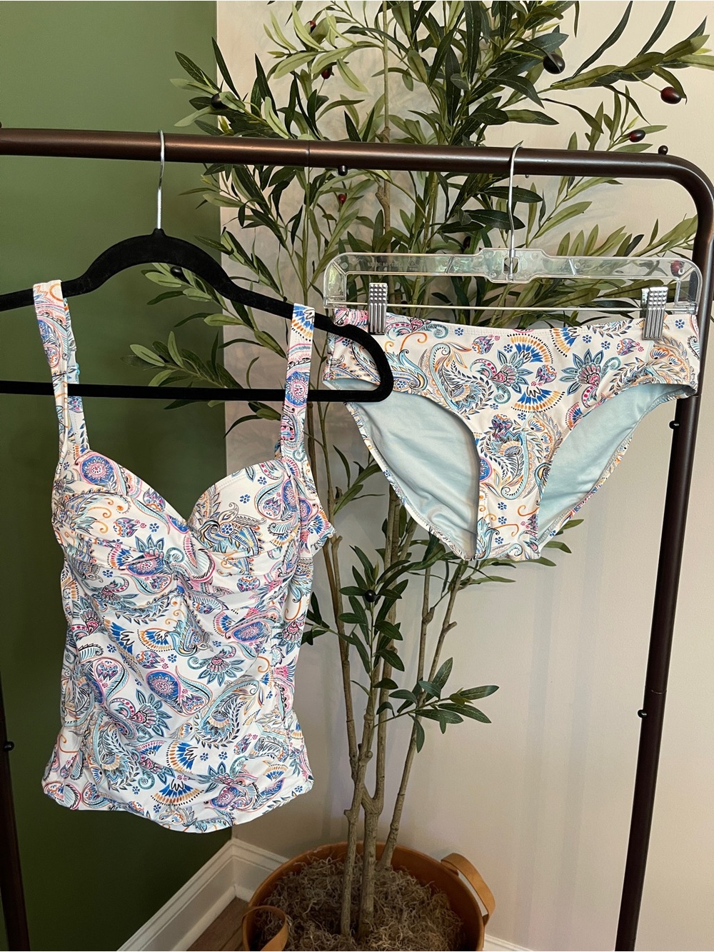 White Paisley Tankini One-Piece Swim Set - White Paisley